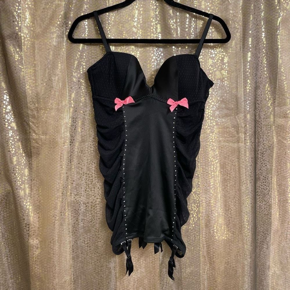 Vintage Victorias Secret Sexy Little Things Black Rhinestone Bustier Slip 34C - Picture 1 of 6